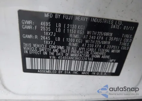 2017 Subaru Outback 2.5I Limited z USA, uszkodzony, nr VIN 4S4BSANC9H3326168